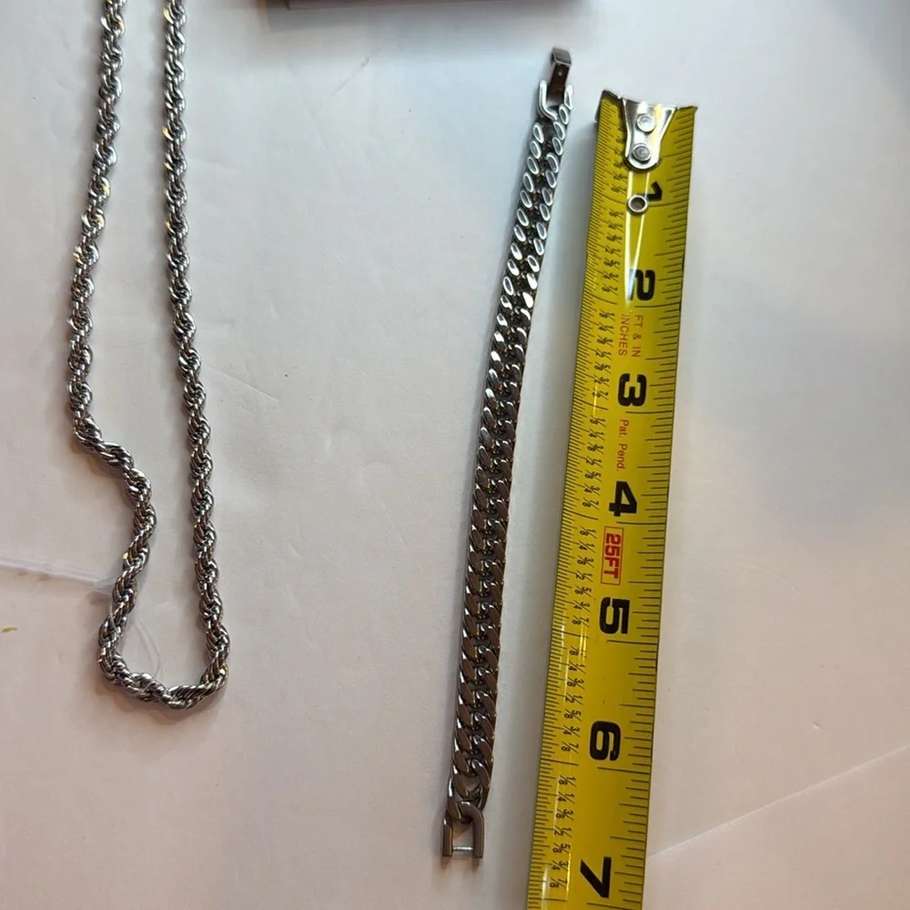FIUSEM Men’s Stainless Steel Silver tone  Set chain & bracelet New in a box